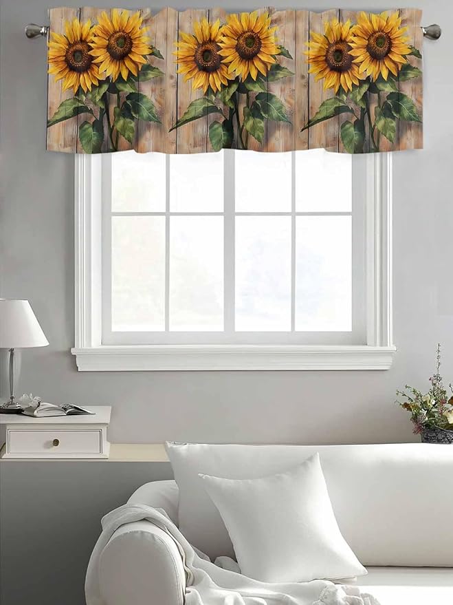 Kitchen Valances for Window, Watercolor Sunflower Retro Board Light Filtering Rod Pocket Valance Curtain, Farm Brown Wood Grain Short Curtains Window Topper for Bedroom Bathroom Living Room 42x12in
