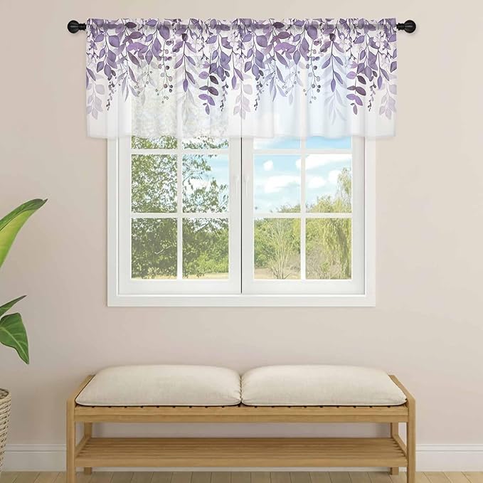 Eucalyptus Leaves Sheer Valance Curtains, Purple Leaves Idyllic Winds Farmhouses Light Filtering Kitchen Valances Rod Pocket Voile Curtain Window Treatment for Bedroom/Living Room/Basement 42Wx18L