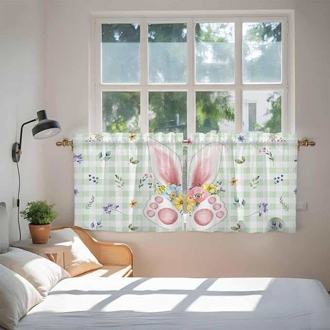 Easter Kitchen Tier Curtains 24 Inch Long 2 Panel Set,Rod Pocket Cafe Small Window Curtains Over Sink,Spring Bunny Ears Feet Flowers Green Plaid Light Filtering Short Drapes for Bathroom 27.5"W x 24"L