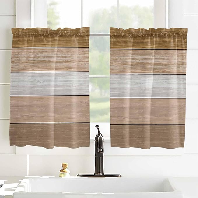 Retro Farm Wood Board Window Valance Curtains, Brown Graduality Striped Light Filtering Kitchen Valance with 3-inch Rod Pocket for Living Room Bathroom Bedroom,2 Panel,52x54In