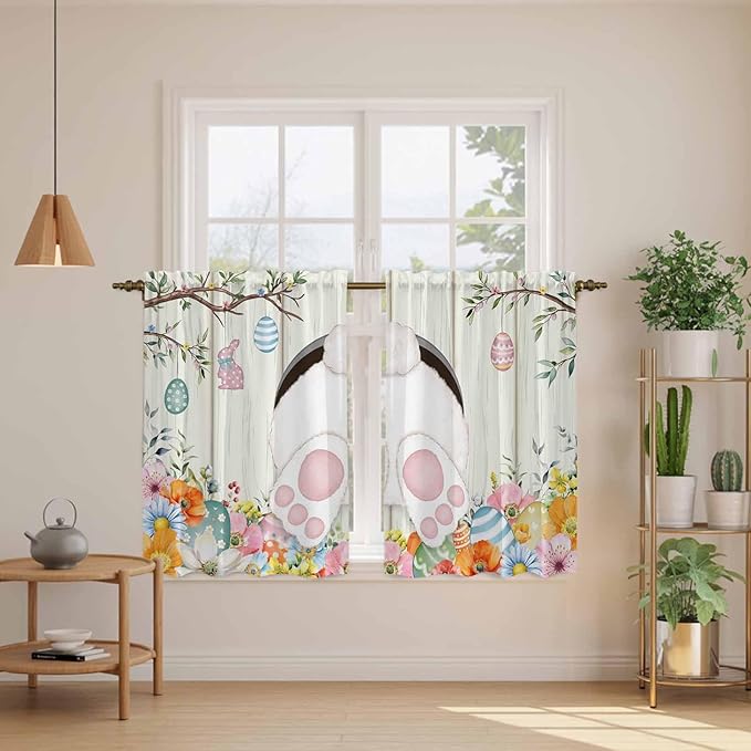 Easter Kitchen Curtains 54 Inch Long 2 Panel Set, Rod Pocket Window Curtains Panels, Spring Farmhouse Watercolor Bunny Eggs Wood Grain Light Filtering Privacy Draperies for Bedroom Laundry 42"W x 54"L