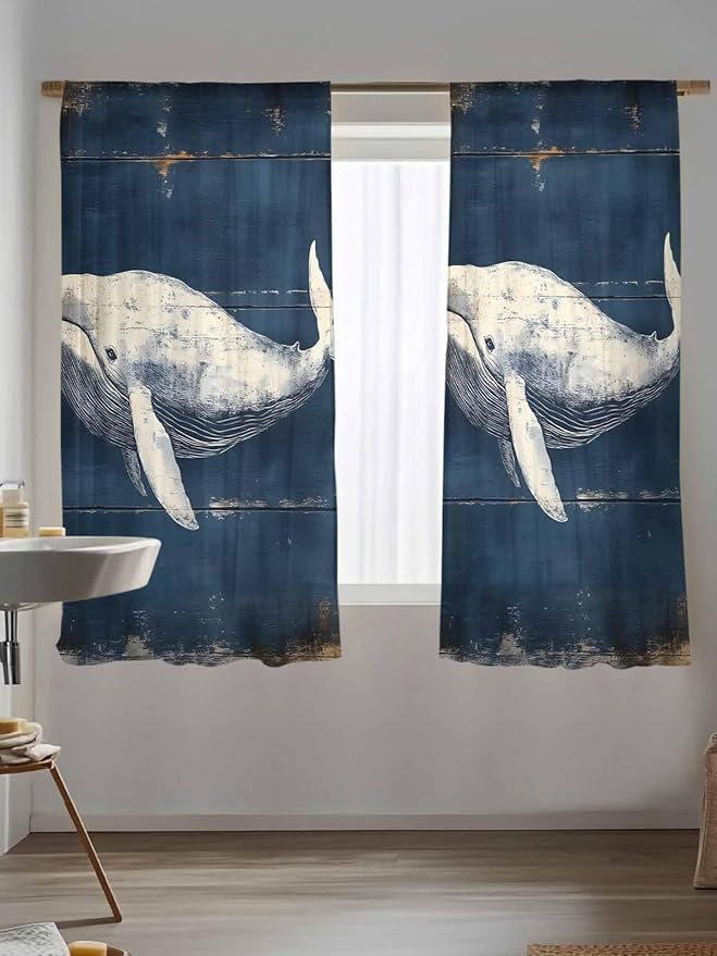 Sheer Curtains 63 Inch Length, Ocean Vintage Whale Semi Sheer Curtains Light Filtering Window Treatment, Summer Retro Wood Grain Privacy Voile Drapes for Living Room Bedroom 52x63 Inch