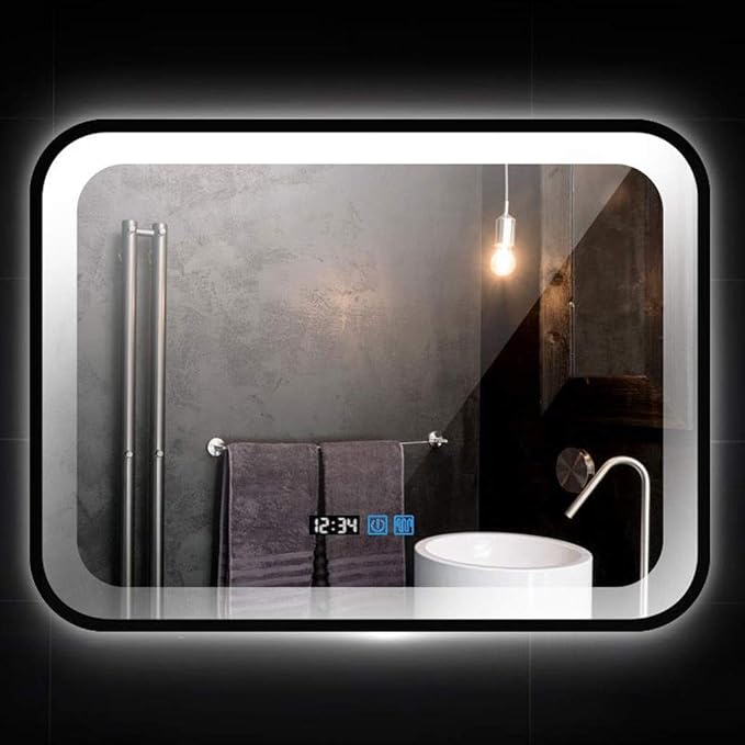 Bathroom Mirror with LED Light and Demister Pad Wall Mounted Mirror Makeup Shaving Mirror Smart Touch Switch (Black 600 * 800mm)