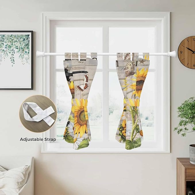 Farm Flowers Kitchen Curtains 45 Inch Length, Short Cafe Window Curtains Tab Top, Retro Sunflowers Barn Doors Butterfly Wood Board Light Filtering Window Treatments Tier Drapes 27.5"x45" 2 Panel
