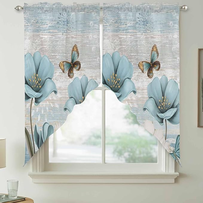 Spring Floral Swag Valances for Windows, Vintage Tulips Flower Butterfly Retro Wood Blue Rod Pocket Kitchen Curtains Valance, Small Window Curtains Swag for Cafe Living Room, 2 Panels, 36x36 inch
