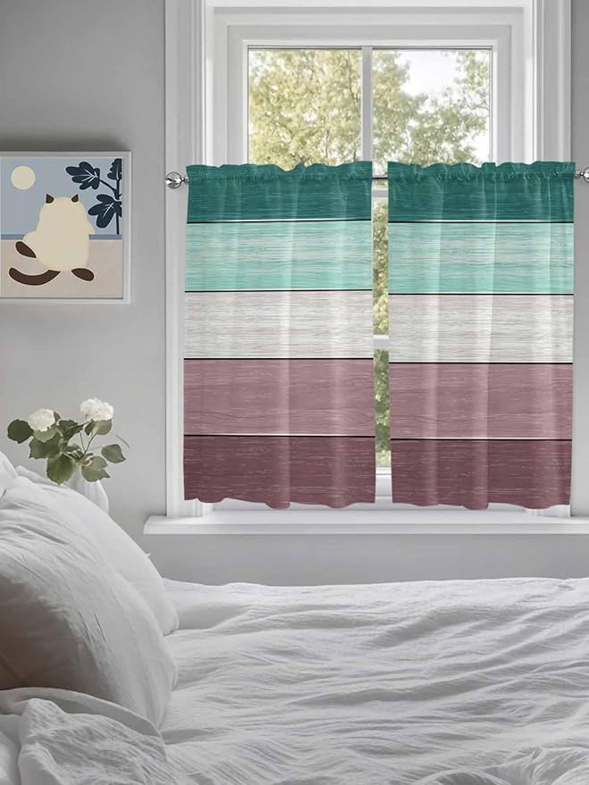Retro Farm Woodcuts Texture Window Valance Curtains, Green Brown Gradient Light Filtering Kitchen Valance with 3-inch Rod Pocket for Living Room Bathroom Bedroom,2 Panel,42x45In