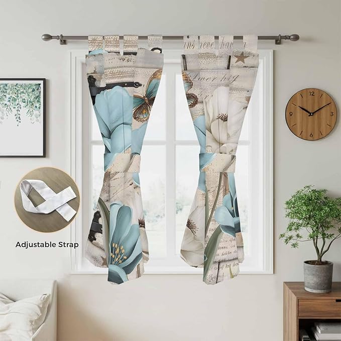 Teal Blue Tulips Living Room Curtains 84 Inch Length, Window Curtains Tab Top, Spring Floral Barn Doors Vintage Wood Beige Light Filtering Window Treatments Drapes 42"x84" 2 Panel