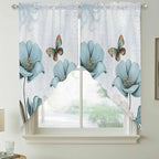 Blue Tulips Swag Valances for Windows, Watercolor Flowers Butterfly Spring Farmhouse Blue Rod Pocket Kitchen Curtains Valance, Kitchen Window Curtains Swag for Cafe Living Room, 2 Panels, 36x63 inch