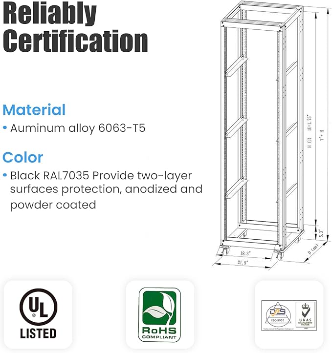 Raising Electronics Server Rack Open Frame Rack 4 Post 19 inch Adjustable Server/Audio Rack Cold Rolled Steel with 3 Shelves (42U,24Depth)