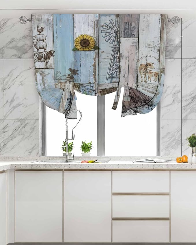 Tie Up Curtains for Windows, Blue Grey Wooden Adjustable Balloon Nature Linen Textured Kitchen Curtain, Farmhouse Barn Sunflowers Retro Decorative Tie Up Curtain for Window, 52" x 45"