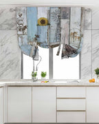 Tie Up Curtains for Windows, Blue Grey Wooden Adjustable Balloon Nature Linen Textured Kitchen Curtain, Farmhouse Barn Sunflowers Retro Tie Up Blackout Curtains for Bedroom, 52 x 63 Inches