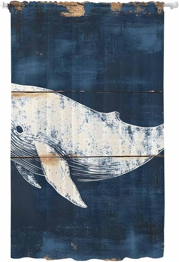 Sheer Curtains 96 Inches Long, Ocean Whale Blue Semi Sheer Curtains Light Filtering Window Treatment, Coastal Vintage Wooden Grain Privacy Voile Drapes for Living Room Bedroom 52x96 Inch