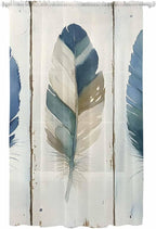 Sheer Curtains 84 Inches Long, Boho Blue Feathers Semi Sheer Curtains Light Filtering Window Treatment, Farmhouse Vintage Wooden Grain Privacy Voile Drapes for Living Room Bedroom 52x84 Inch