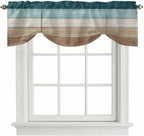 Teal Brown Tie Up Valance Curtains for Windows, Kitchen Curtains Window Shades, Farmhouse Vintage Abstract Wooden Grain Light Filtering Roman Curtain Valances for Bedroom/Bathroom/Cafe 42"x18"