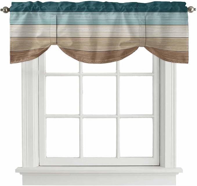 Teal Brown Tie Up Valance Curtains for Windows, Kitchen Curtains Window Shades, Farmhouse Vintage Abstract Wooden Grain Light Filtering Roman Curtain Valances for Bedroom/Bathroom/Cafe 54"x18"