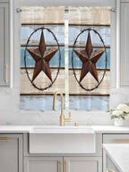 Vintage Western Star on Wood Grain Window Valance Curtains, Retro Wooden Texture Light Filtering Kitchen Valance with 3-inch Rod Pocket for Living Room Bathroom Bedroom,2 Panel,52x72In