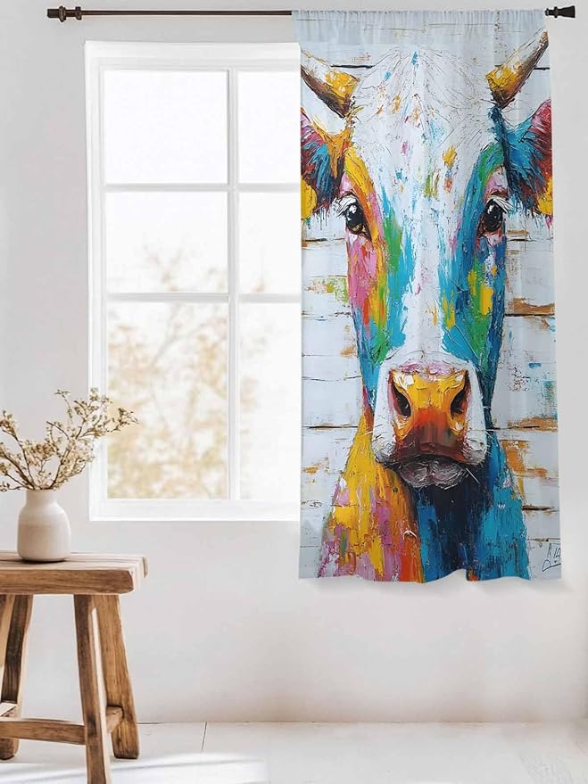 Sheer Curtains 63 Inch Length, Funny Colorful Cow Semi Sheer Curtains Light Filtering Window Treatment, Retro Rustic Oil Painting Wood Grain Privacy Voile Drapes for Living Room Bedroom 52x63 Inch
