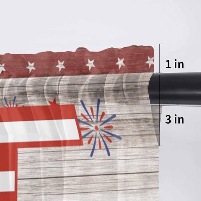4th of July Sheer Valances for Windows 54"x18", Light Filtering Kitchen Curtains Valance, Stars Striped Farmhouse American Flag Wood Grain Rod Pocket Chiffon Curtains for Living Room Bedroom Cafe