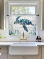 Sheer Curtains 54 Inch Length, Teal Green Ocean Turtle Semi Sheer Curtains Light Filtering Window Treatment, Coastal Seaweed Wood Grain Privacy Voile Drapes for Living Room Bedroom 52x54 Inch