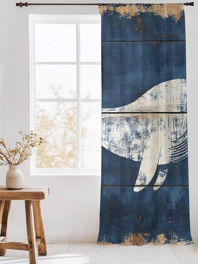 Sheer Curtains 108 Inches Long, Ocean Whale Blue Semi Sheer Curtains Light Filtering Window Treatment, Summer Sea Vintage Wooden Grain Privacy Voile Drapes for Living Room Bedroom 52x108 Inch