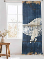 Sheer Curtains 96 Inches Long, Ocean Whale Blue Semi Sheer Curtains Light Filtering Window Treatment, Summer Sea Vintage Wooden Grain Privacy Voile Drapes for Living Room Bedroom 52x96 Inch