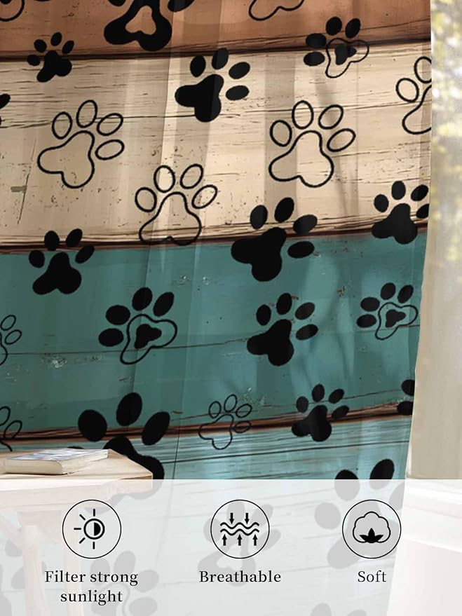 Sheer Curtains 84 Inches Long, Green Brown Paw Print Semi Sheer Curtains Light Filtering Window Treatment, Vintage Farmhouse Country Wooden Grain Privacy Voile Drapes for Living Room 52x84 Inch