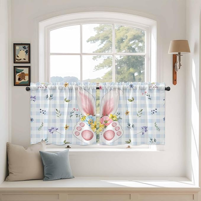Easter Kitchen Tier Curtains 36 Inch Long 2 Panel Set,Rod Pocket Half Window Curtains Over Sink,Spring Rabbits Ears Feet Floral Blue Lattice Light Filtering Short Drapes Cafe 27.5"W x 36"L