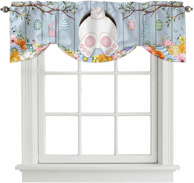 Easter Tie Up Valance Curtains for Windows, Kitchen Curtains Window Shades, Spring Watercolor Bunny Eggs Flower Wood Grain Blue Light Filtering Roman Curtain Valances for Bedroom/Bathroom/Cafe 60"x18"
