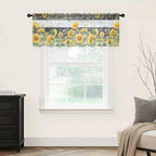 Summer Floral Sheer Valance Curtains, Watercolor Sunflower Eucalyptus Leaves Black Wood Grain Light Filtering Kitchen Valances Rod Pocket Voile Curtain for Bedroom/Living Room/Basement 54Wx18L
