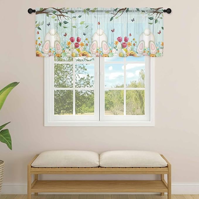 Easter Sheer Valances for Windows 42"x18", Light Filtering Kitchen Curtains Valance, Spring Watercolor Eggs Tulip Wooden Grain Teal Rod Pocket Chiffon Curtains for Living Room Bedroom Cafe