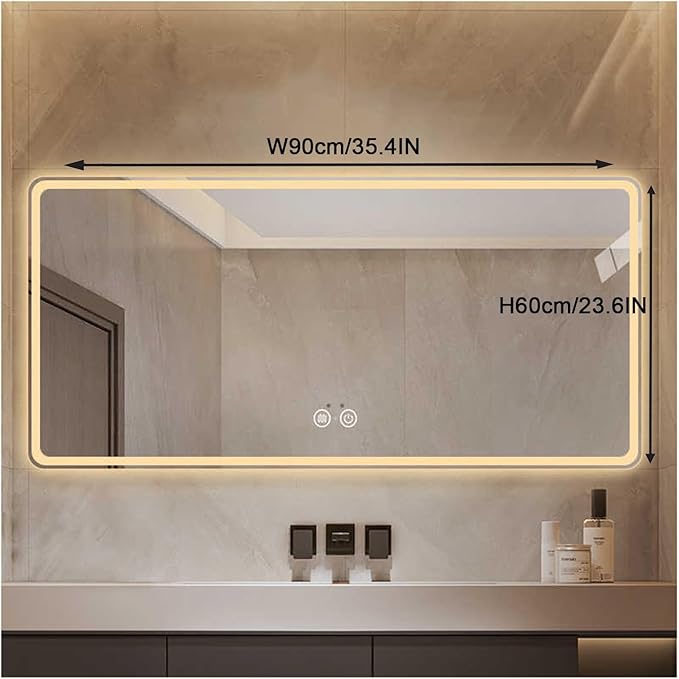 Bathroom Mirror with LED Lights，Smart Illuminated LED Bathroom Mirror，Energy-Saving LED Smart Mirrors，LED Mirror for Bathroom，with Demister Pad and Smart Touch Switch(H60*W90cm/H23.6*W35.4IN)