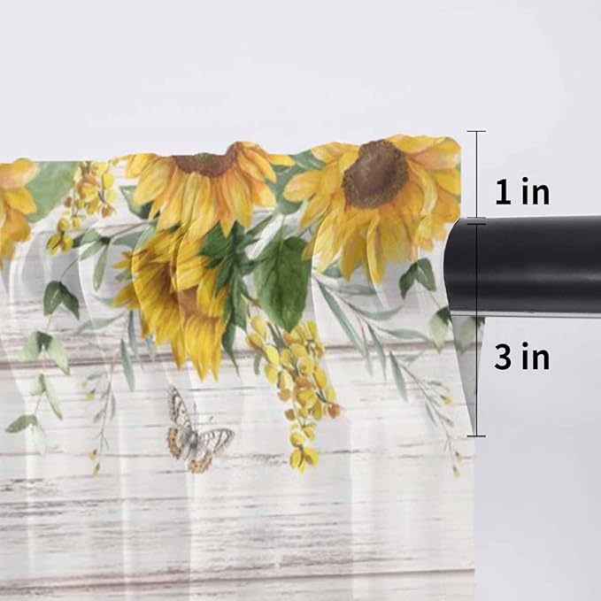 Farmhouses Sunflowers Sheer Valance Curtains, Retro Floral Leaves Red Truck Wood Grain Light Filtering Kitchen Valances Rod Pocket Voile Curtain Treatment for Bedroom/Living Room/Basement 42Wx18L