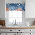 Ocean Corals Sheer Valance Curtains, Summer Beach Coral Sea Stars Dark Blue Light Filtering Kitchen Valances Rod Pocket Voile Curtain Window Treatment for Bedroom/Living Room/Basement 42Wx18L