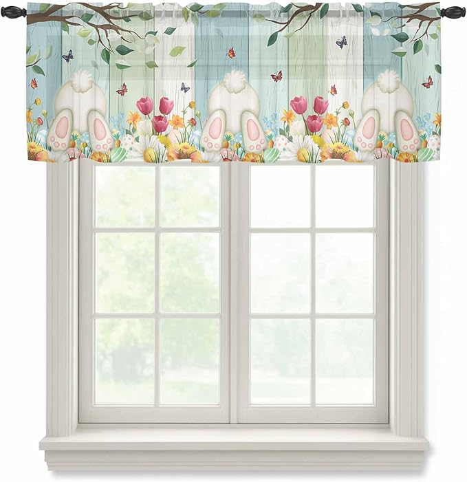 Easter Sheer Valances for Windows 42"x12", Light Filtering Kitchen Curtains Valance, Spring Watercolor Eggs Country Tulip Wooden Grain Rod Pocket Chiffon Curtains for Living Room Bedroom Cafe