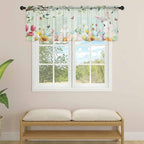 Easter Sheer Valances for Windows 60"x18", Light Filtering Kitchen Curtains Valance, Spring Watercolor Bunny Eggs Tulip Wooden Grain Teal Rod Pocket Chiffon Curtains for Living Room Bedroom Cafe