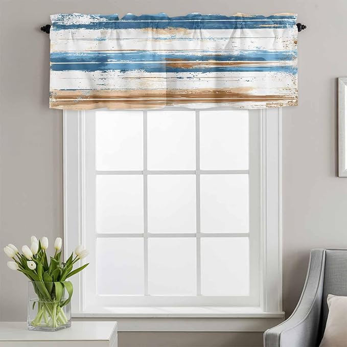 Vintage Blue Valances for Windows, Brown Wood Grain Mottled Texture Abstract Art Kitchen Valance Light Filtering Rod Pocket Short Curtains for Kitchen Bathroom, 1 Panel, 60"x18"