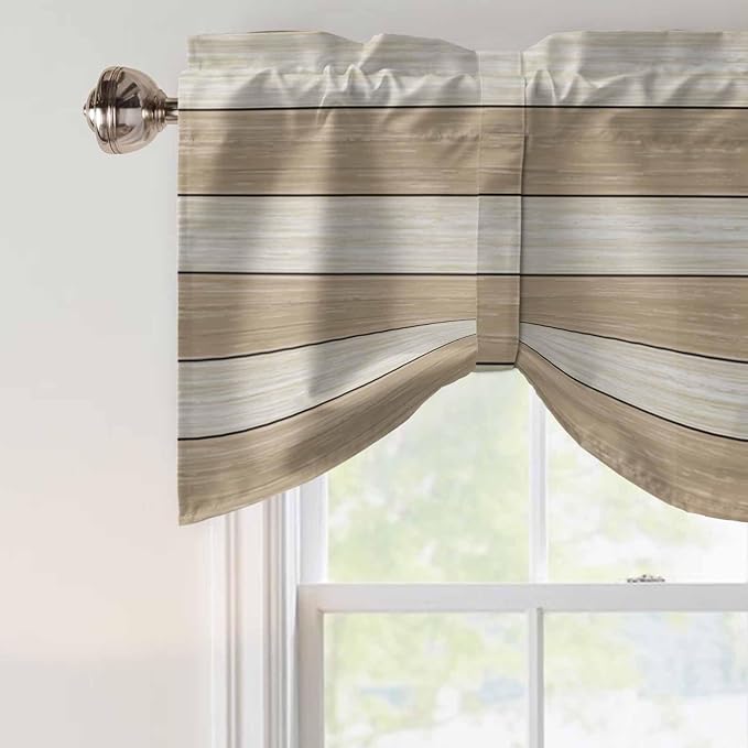 Brown Ombre Wooden Tie Up Valance Curtains for Windows, Kitchen Curtains Window Shades, Farmhouse Retro Khaki Wood Light Filtering Roman Curtain Valances for Bedroom/Bathroom/Cafe 60"x18"