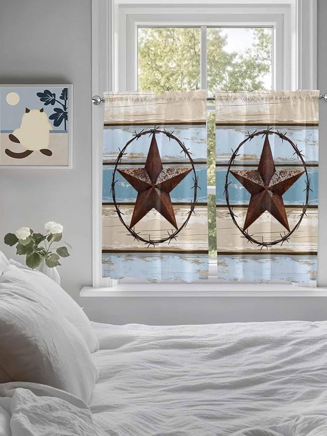 Vintage Western Star on Wood Grain Window Valance Curtains, Retro Wooden Texture Light Filtering Kitchen Valance with 3-inch Rod Pocket for Living Room Bathroom Bedroom,2 Panel,42x45In
