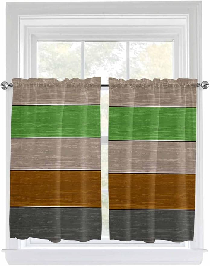 Farm Gray Green Brown Wood Grain Window Valance Curtains, Rustic Wooden Plank Light Filtering Kitchen Valance with 3-inch Rod Pocket for Living Room Bathroom Bedroom,2 Panel,52x54In