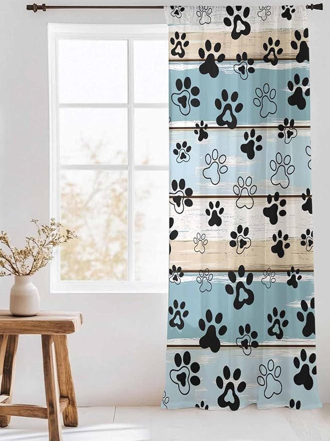 Sheer Curtains 96 Inches Long, Blue Beige Paw Print Semi Sheer Curtains Light Filtering Window Treatment, Vintage Farmhouse Country Wood Grain Privacy Voile Drapes for Living Room Bedroom 52x96 Inch