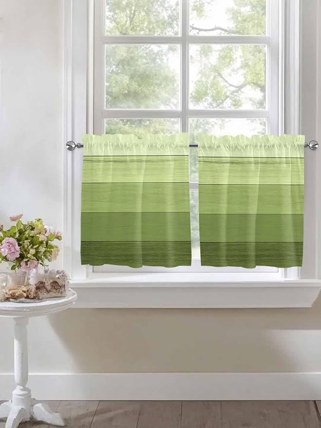 Gradient Green Wooden Board Window Valance Curtains, Retro Country Wood Grain Light Filtering Kitchen Valance with 3-inch Rod Pocket for Living Room Bathroom Bedroom,2 Panel,27.5x24In