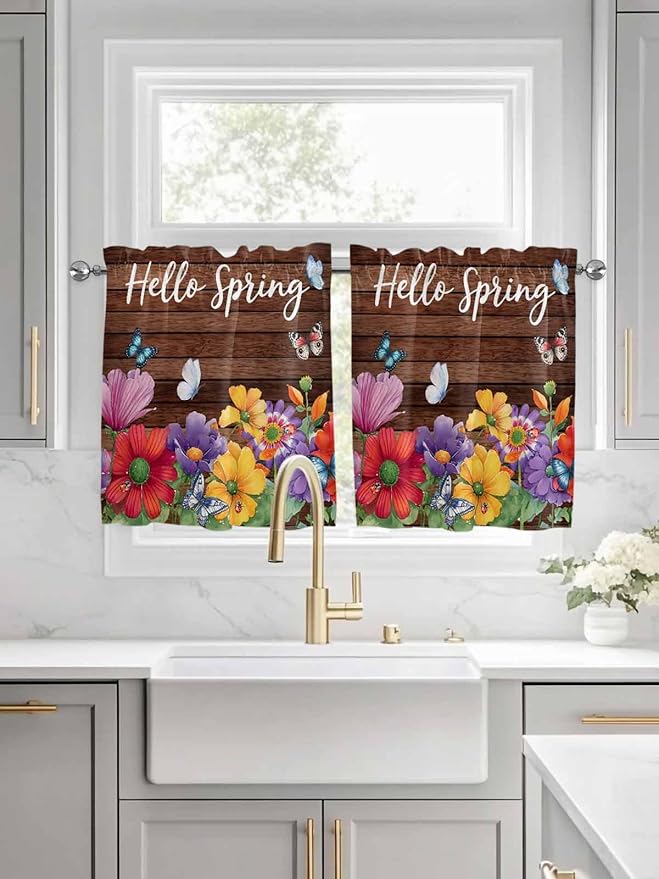 Spring Flowers Half Window Curtains 24 Inches Long, Watercolor Farmhouse Colorful Wooden Grain Window Treatment Curtain Drapes, Short Curtains Tiers for Kitchen Over Sink, 27.5"x24", 2 Panels