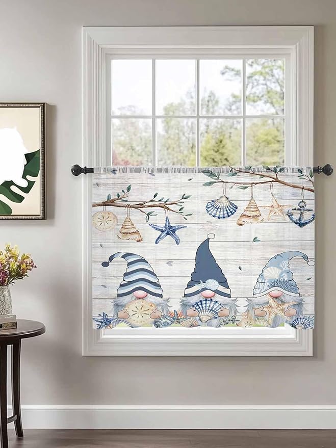 Sheer Curtains 54 Inch Length, Coastal Eucalyptus Semi Sheer Curtains Light Filtering Window Treatment, Ocean Blue Gnomes Starfish Leaf Wood Grain Privacy Voile Drapes for Living Room 52x54 Inch
