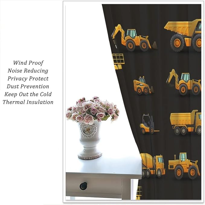 Kids Construction Window Curtains, Construction Machinery Equipment Mode of Transport Bulldozer Tractor Windows Curtain for Children Teens Room Decor 42x63in (30% Blackout)