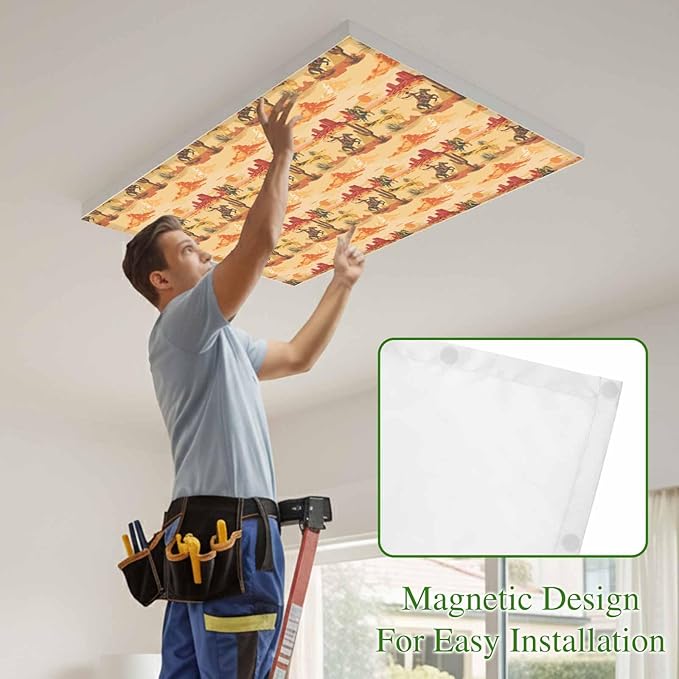 Tropical Plant Cactus Fluorescent Light Covers 2 Pack Western Cowboy Horse Sunset Desert Ethnic Magnetic Fluorescent Ceiling Lights Filters for Office Classroom Home Drop Ceiling 4x2 Feet