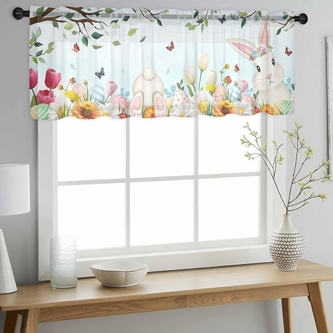 Easter Sheer Valances for Windows 42"x18", Light Filtering Kitchen Curtains Valance, Spring Watercolor Bunny Eggs Tulip Flower Plant Rod Pocket Chiffon Curtains for Living Room Bedroom Cafe