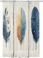 Sheer Curtains 72 Inches Long, Blue Brown Feathers Semi Sheer Curtains Light Filtering Window Treatment, Boho Ombre Vintage Wooden Grain Privacy Voile Drapes for Living Room Bedroom 52x72 Inch