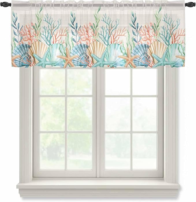 Summer Beach Sheer Valance Curtains, Ocean Colorful Coral Shell Seaweed Starfish Linen Light Filtering Kitchen Valances Rod Pocket Voile Curtain Treatment for Bedroom/Living Room/Basement 54Wx18L