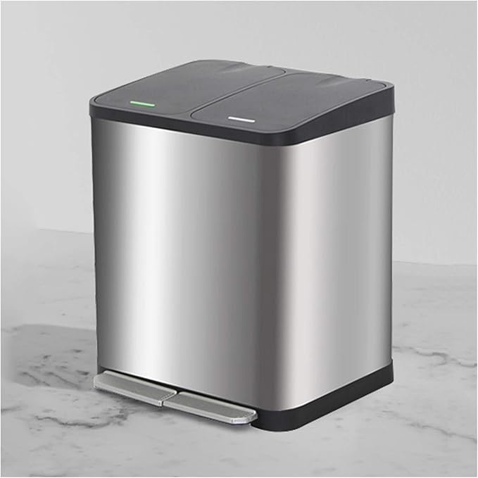 Trash Can Kitchen Large Capacity Foot-Operated Trash Can Double Three Bin Garbage Sorting Garbage Can Rectangular Trash Can with Lid, Brushed Stainless Steel Wastebasket for Office (Silver 30l)