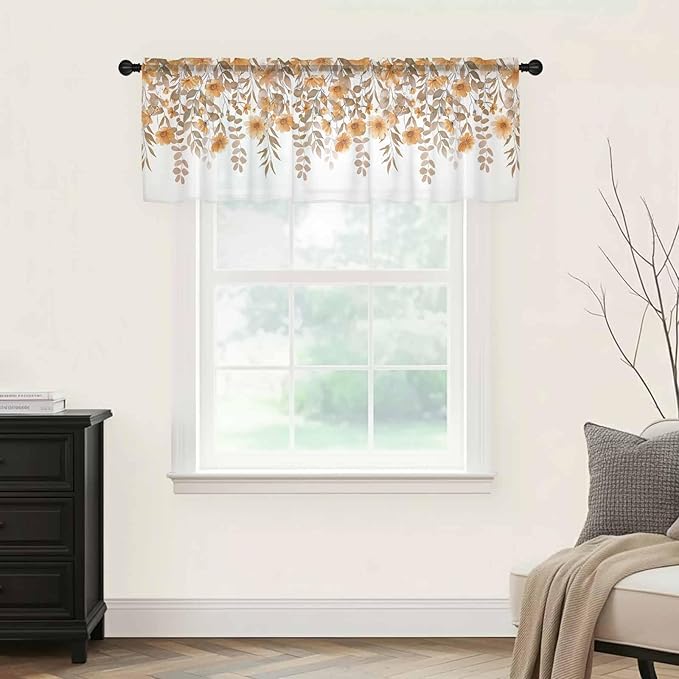 Spring Summer Flowers Sheer Valance Curtains, Vintage Watercolor Orange Floral Leaf Plant Light Filtering Kitchen Valances Rod Pocket Voile Curtain Treatment for Bedroom/Living Room/Basement 42Wx18L